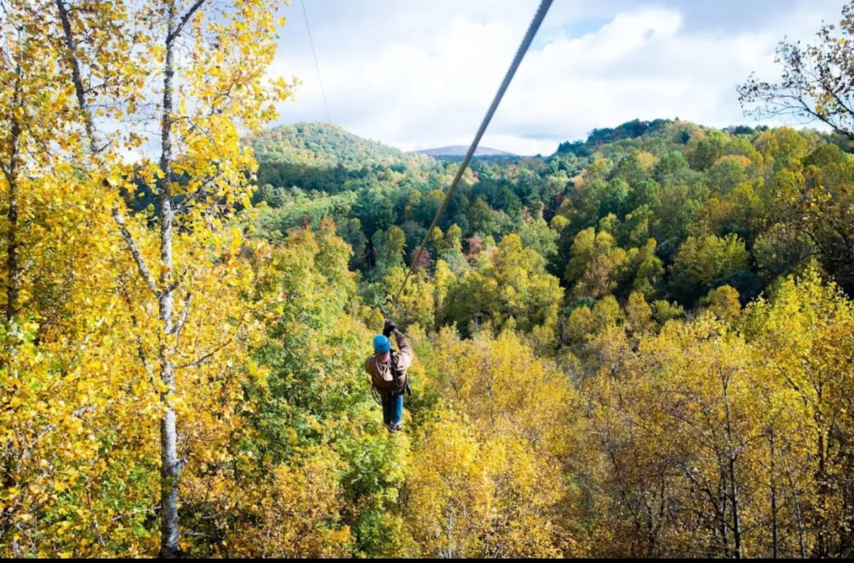 A person soars through the air on a zip line, with vibrant autumn trees and mountain scenery in the background. The shot conveys a sense of exhilaration and showcases the colorful beauty of the region’s natural landscape.