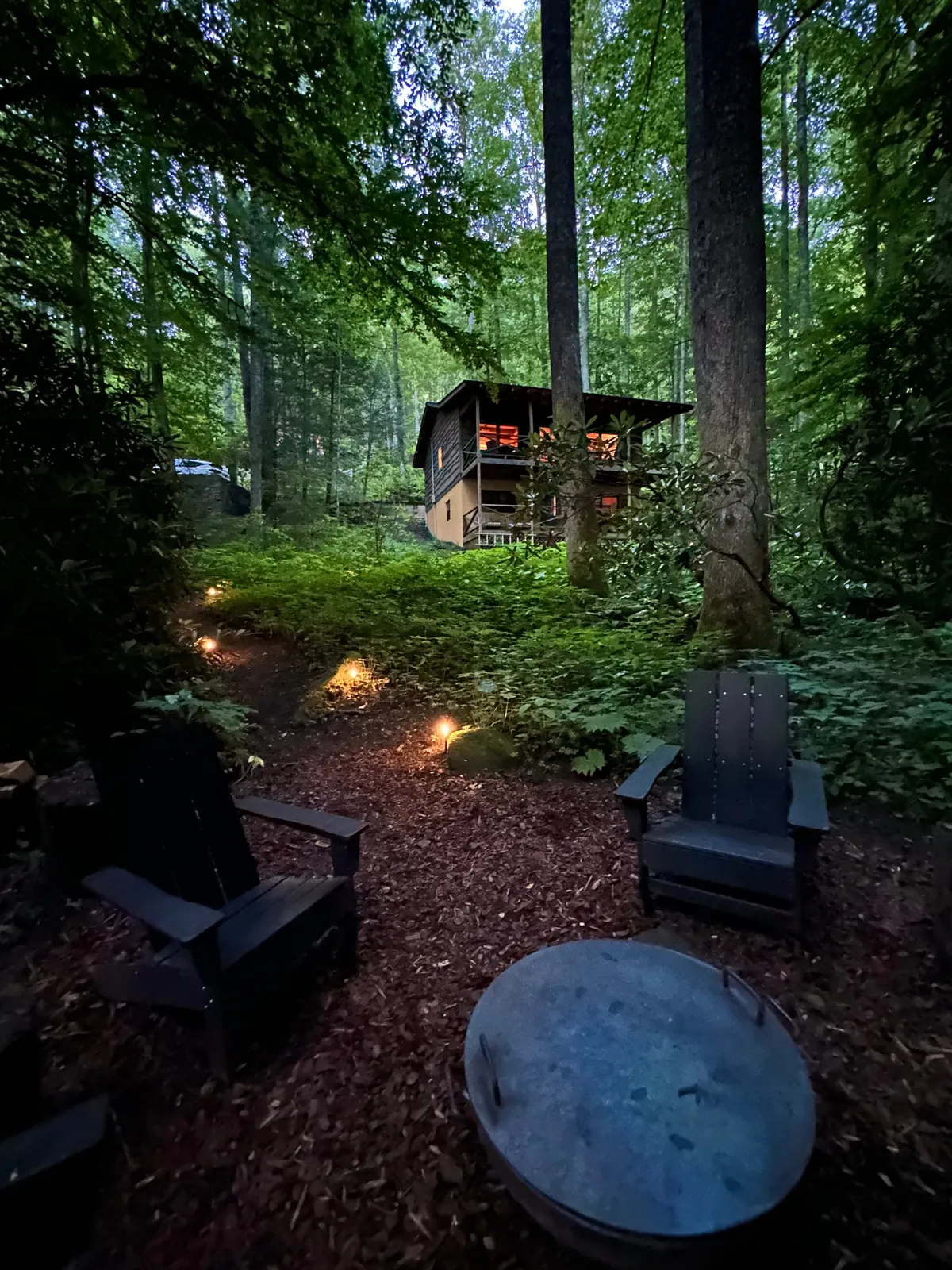 A view of the cabin’s exterior surrounded by towering trees, featuring a fire pit and Adirondack chairs, suggesting relaxation and outdoor gatherings in a serene mountain environment.
