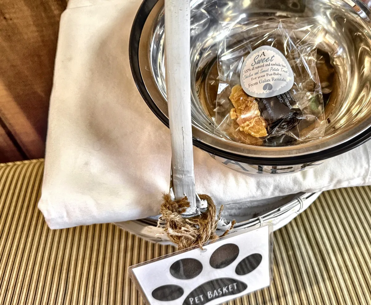 A cozy interior scene featuring a pet bowl, treats, a basket, and a towel set up on the floor, evoking a sense of welcome and consideration for pets traveling with their owners.