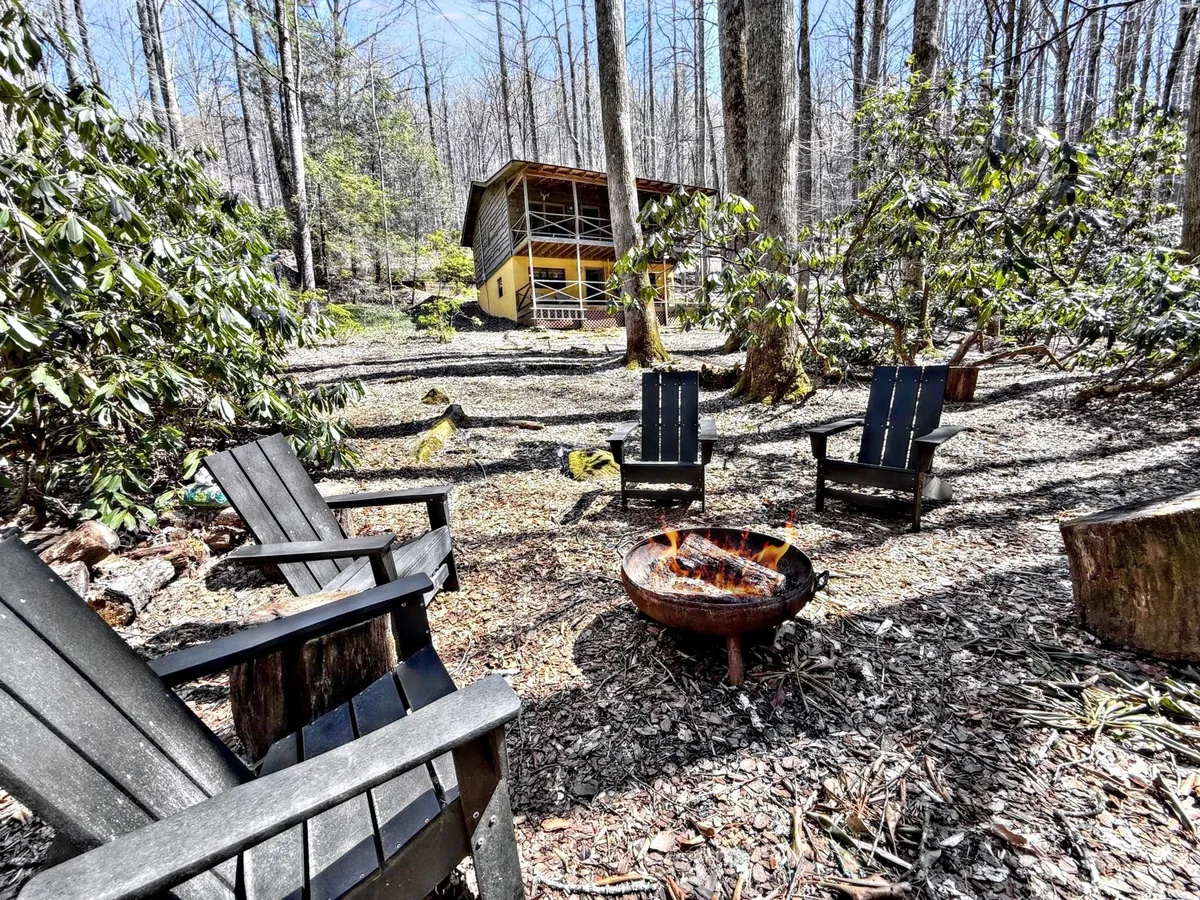 A cozy outdoor fire pit area with several wooden chairs arranged in a circle, set amidst tall trees with the cabin visible in the background. The setting is intimate, warm, and inviting—ideal for campfire gatherings, roasting marshmallows, and stargazing as a family.